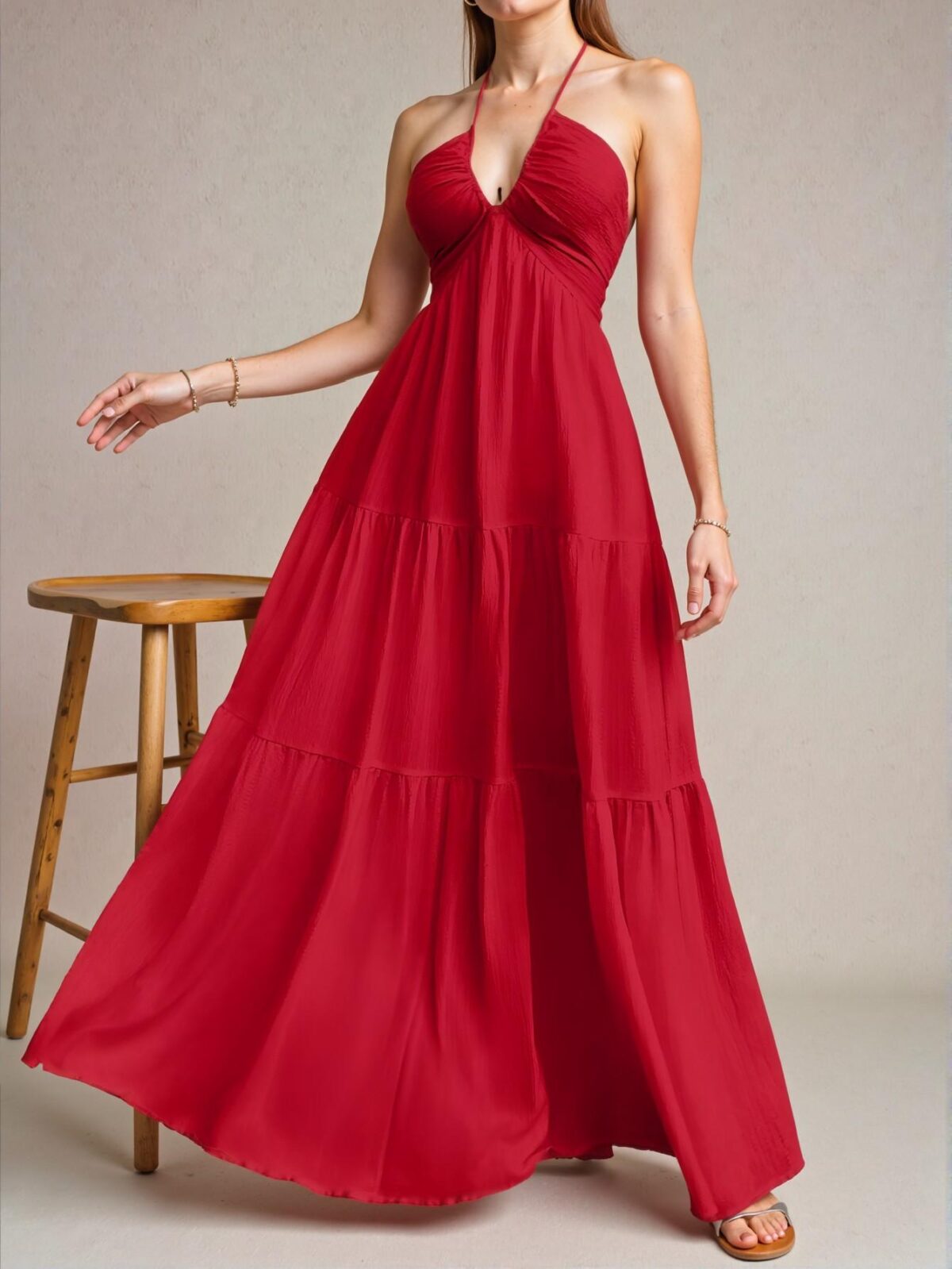 Elegant Red Romantic Floral Halter Neck A-Line Dress for Summer Beach Getaways - Chic, Classy and Trendy Fashion Style to Dress to Impress - Image 4