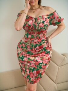 Elegant Multicolor Off-Shoulder Floral Print Bodycon Midi Dress for Summer Chic, Classy and Trendy Fashion Style to Dress to Impress