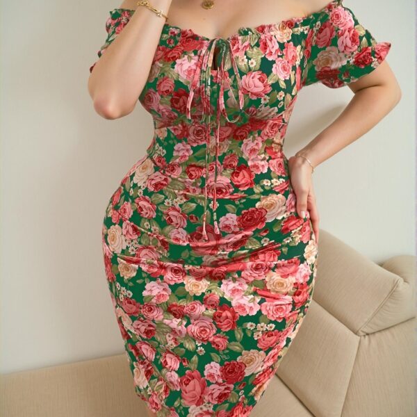 Elegant Multicolor Off-Shoulder Floral Print Bodycon Midi Dress for Summer Chic, Classy and Trendy Fashion Style to Dress to Impress