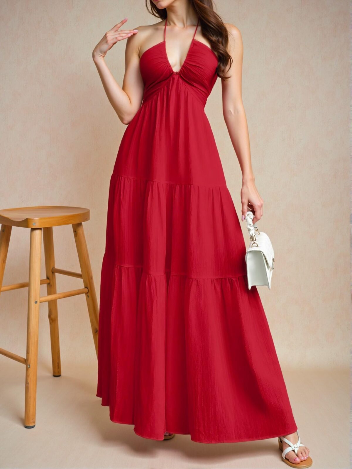 Elegant Red Romantic Floral Halter Neck A-Line Dress for Summer Beach Getaways - Chic, Classy and Trendy Fashion Style to Dress to Impress - Image 5