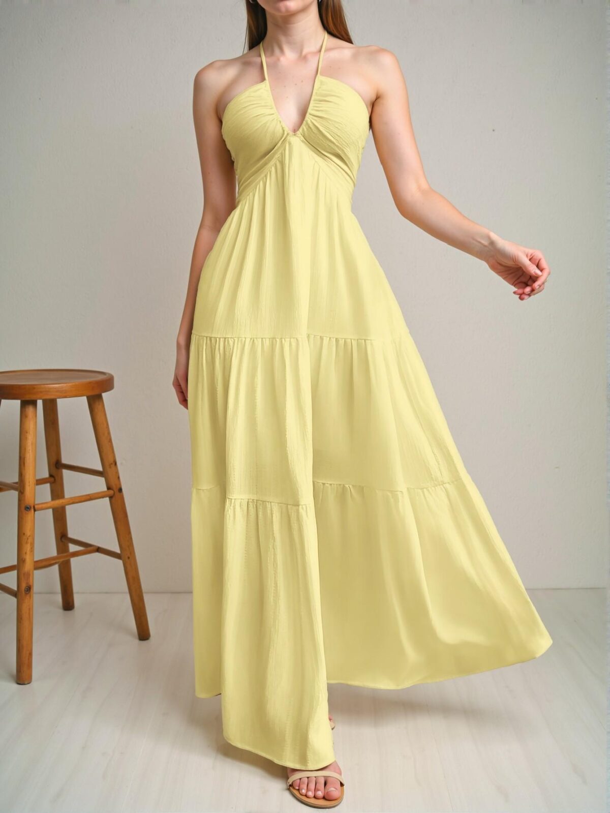 Elegant Yellow Flounce Hem Halter Backless Dress with Lace-Up Tie for Weddings and Holidays - Chic, Classy and Trendy Fashion Style to Dress to Impress