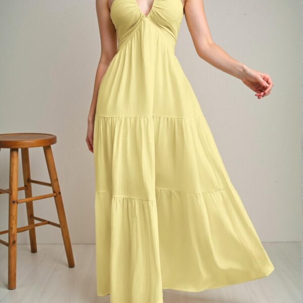 Elegant Yellow Flounce Hem Halter Backless Dress with Lace-Up Tie for Weddings and Holidays - Chic, Classy and Trendy Fashion Style to Dress to Impress