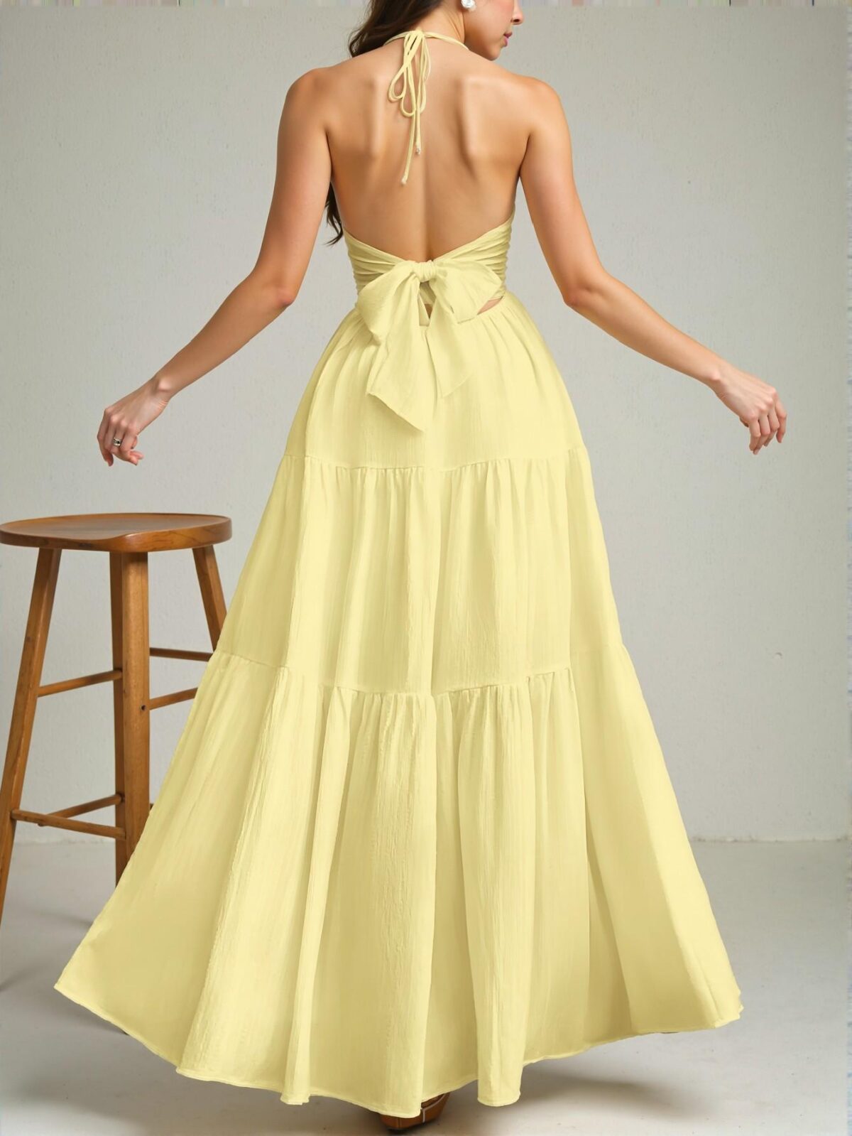 Elegant Yellow Flounce Hem Halter Backless Dress with Lace-Up Tie for Weddings and Holidays - Chic, Classy and Trendy Fashion Style to Dress to Impress - Image 2