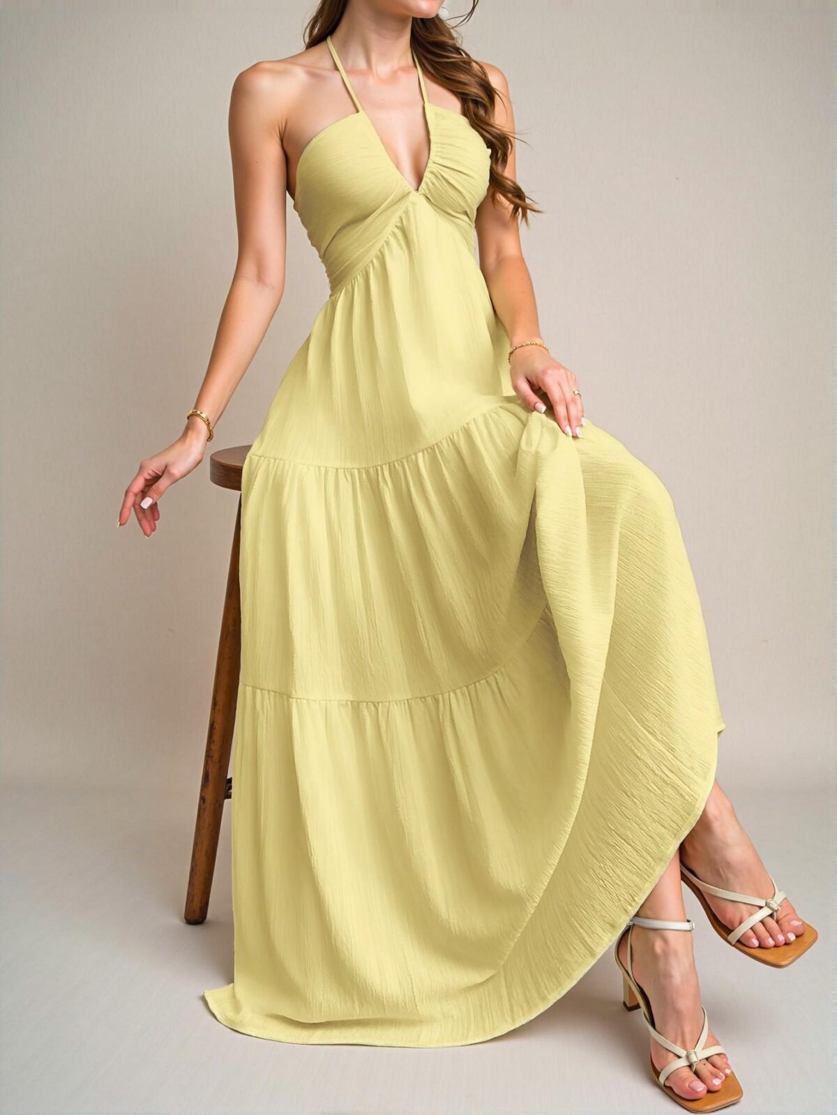 Elegant Yellow Flounce Hem Halter Backless Dress with Lace-Up Tie for Weddings and Holidays - Chic, Classy and Trendy Fashion Style to Dress to Impress - Image 3