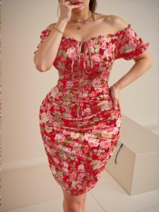 Elegant Multicolor Off Shoulder Floral Print Short Sleeve Bodycon Dress for Vacation Chic, Classy and Trendy Fashion Style to Dress to Impress
