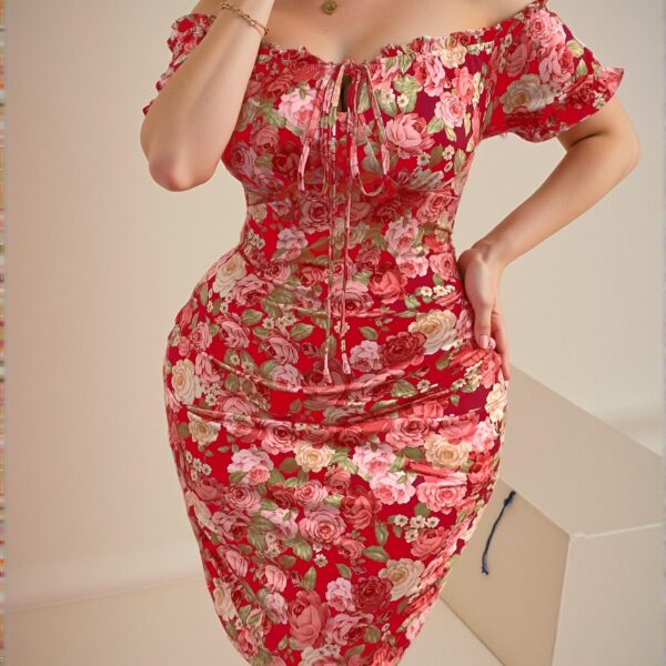 Elegant Multicolor Off Shoulder Floral Print Short Sleeve Bodycon Dress for Vacation Chic, Classy and Trendy Fashion Style to Dress to Impress