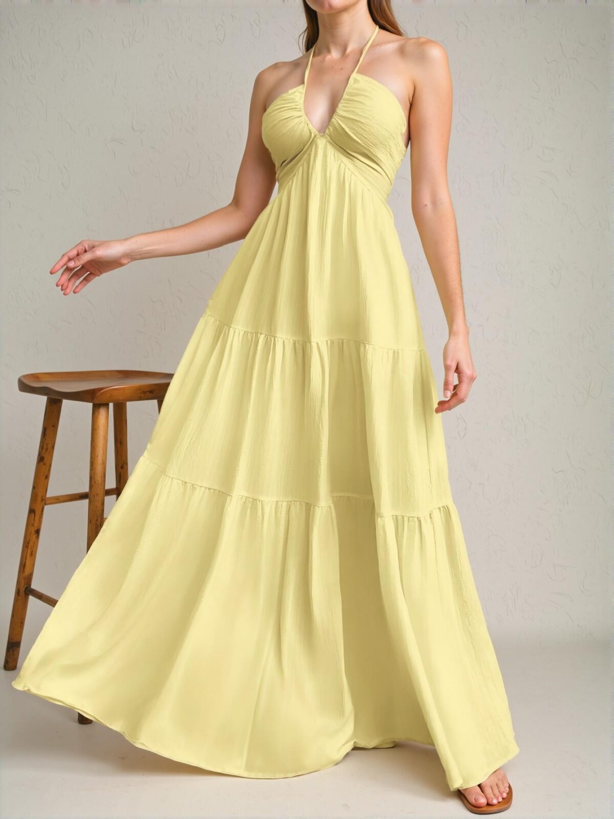 Elegant Yellow Flounce Hem Halter Backless Dress with Lace-Up Tie for Weddings and Holidays - Chic, Classy and Trendy Fashion Style to Dress to Impress - Image 4