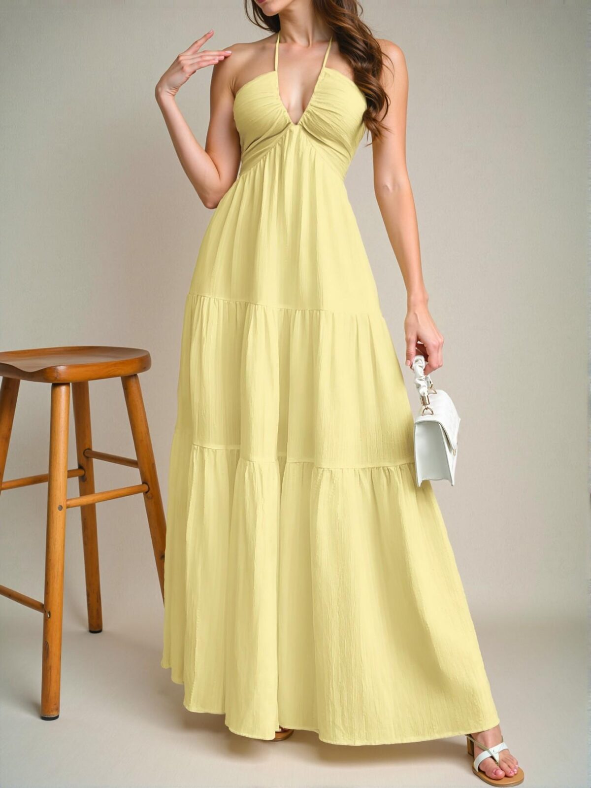 Elegant Yellow Flounce Hem Halter Backless Dress with Lace-Up Tie for Weddings and Holidays - Chic, Classy and Trendy Fashion Style to Dress to Impress - Image 5