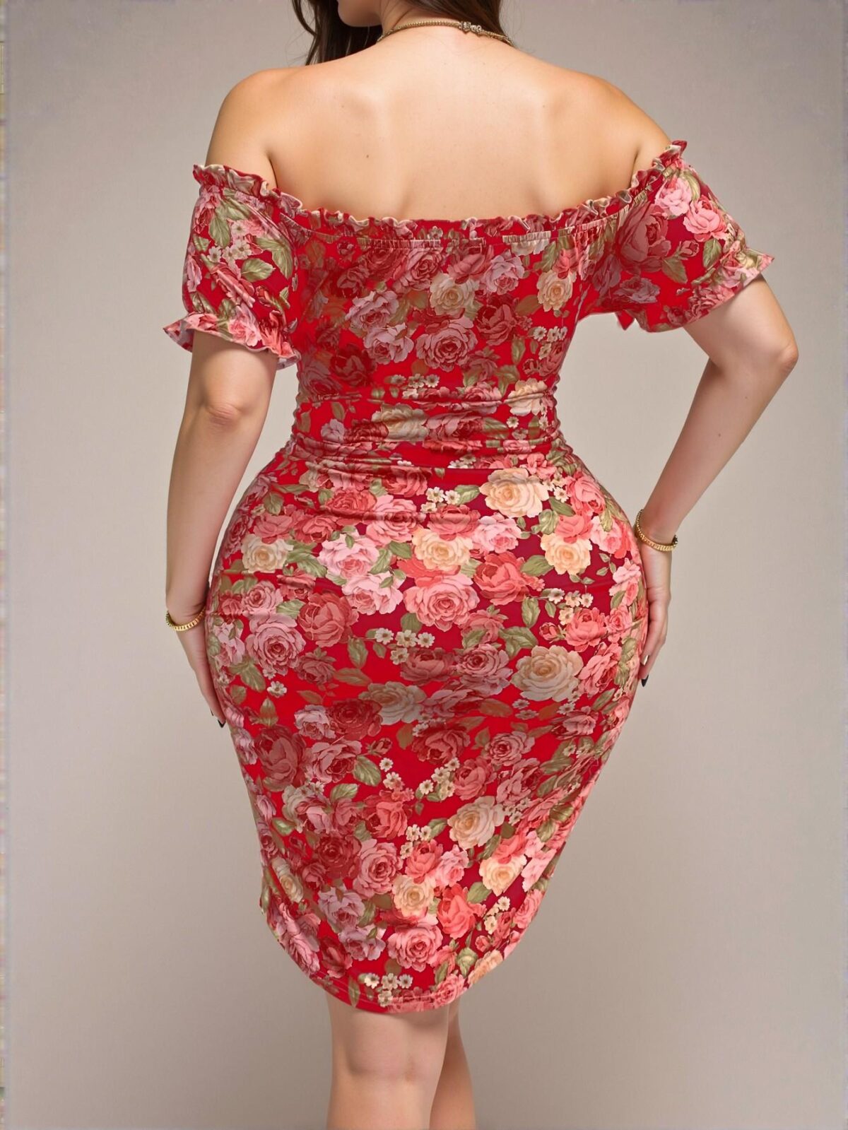 Elegant Multicolor Off Shoulder Floral Print Short Sleeve Bodycon Dress for Vacation Chic, Classy and Trendy Fashion Style to Dress to Impress - Image 2