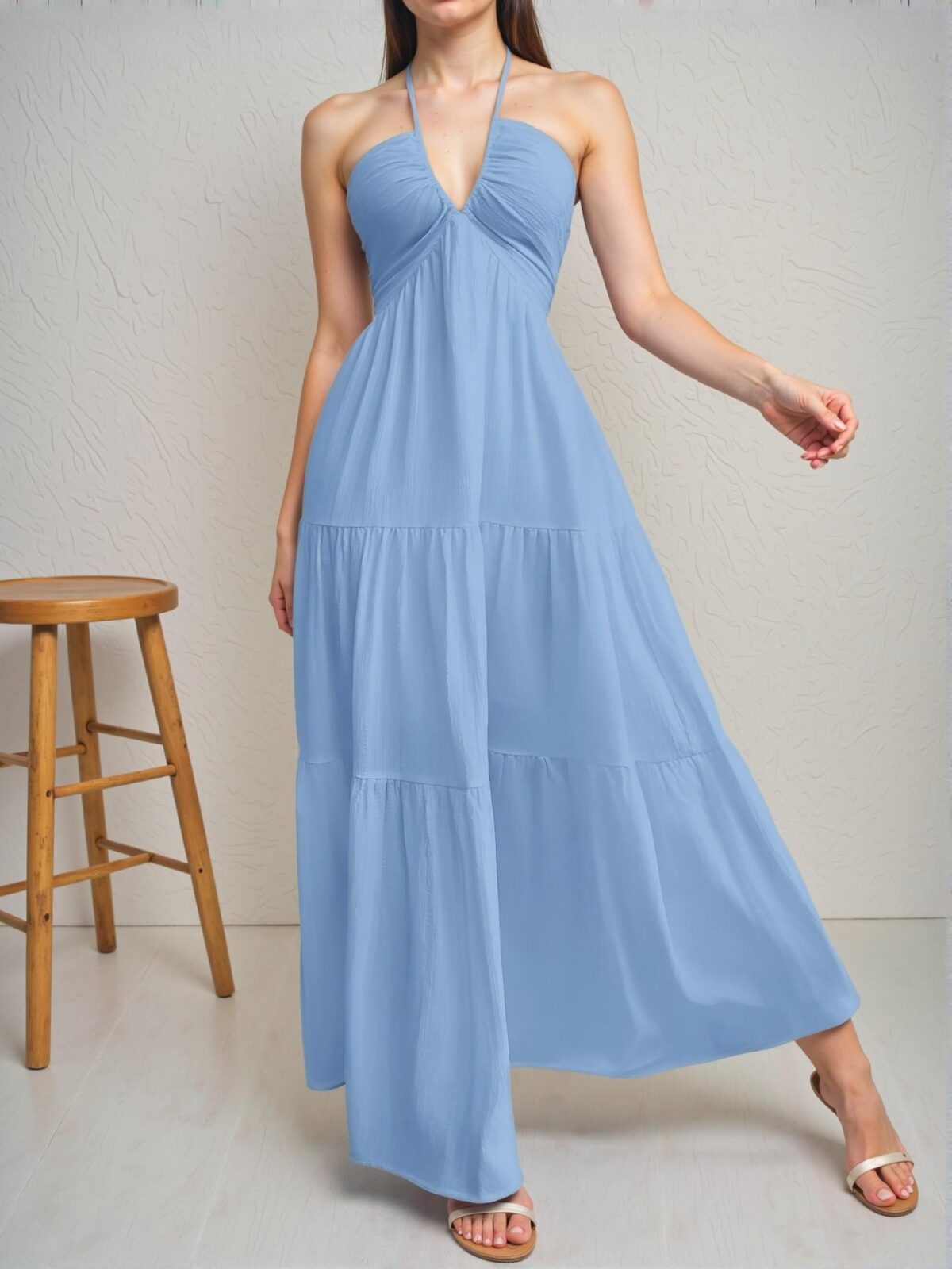 Elegant Baby Blue Halter Neck Backless Maxi Dress with Ruffle Hem for Weddings and Special Occasions - Chic, Classy and Trendy Fashion Style to Dress to Impress