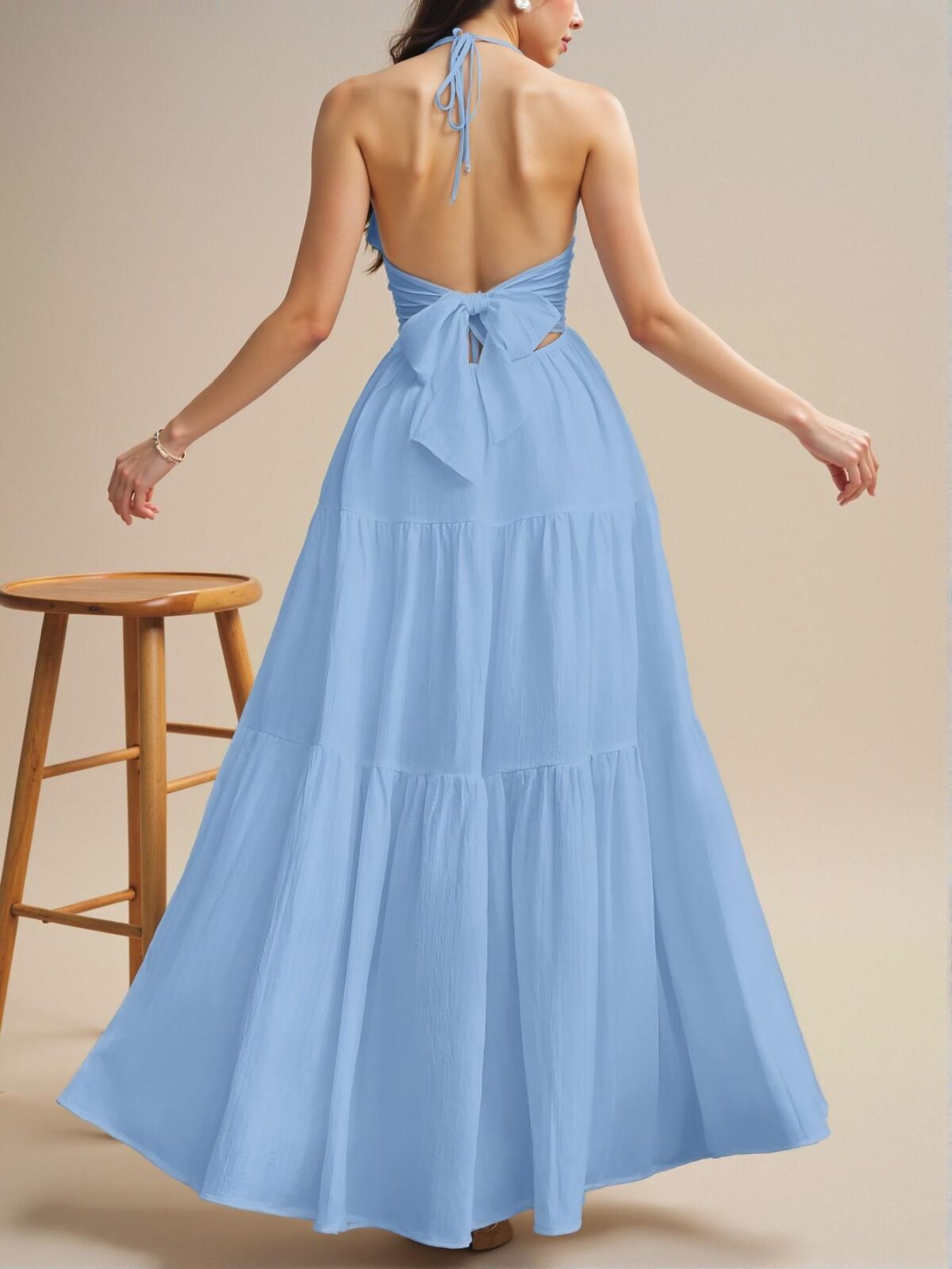 Elegant Baby Blue Halter Neck Backless Maxi Dress with Ruffle Hem for Weddings and Special Occasions - Chic, Classy and Trendy Fashion Style to Dress to Impress - Image 2