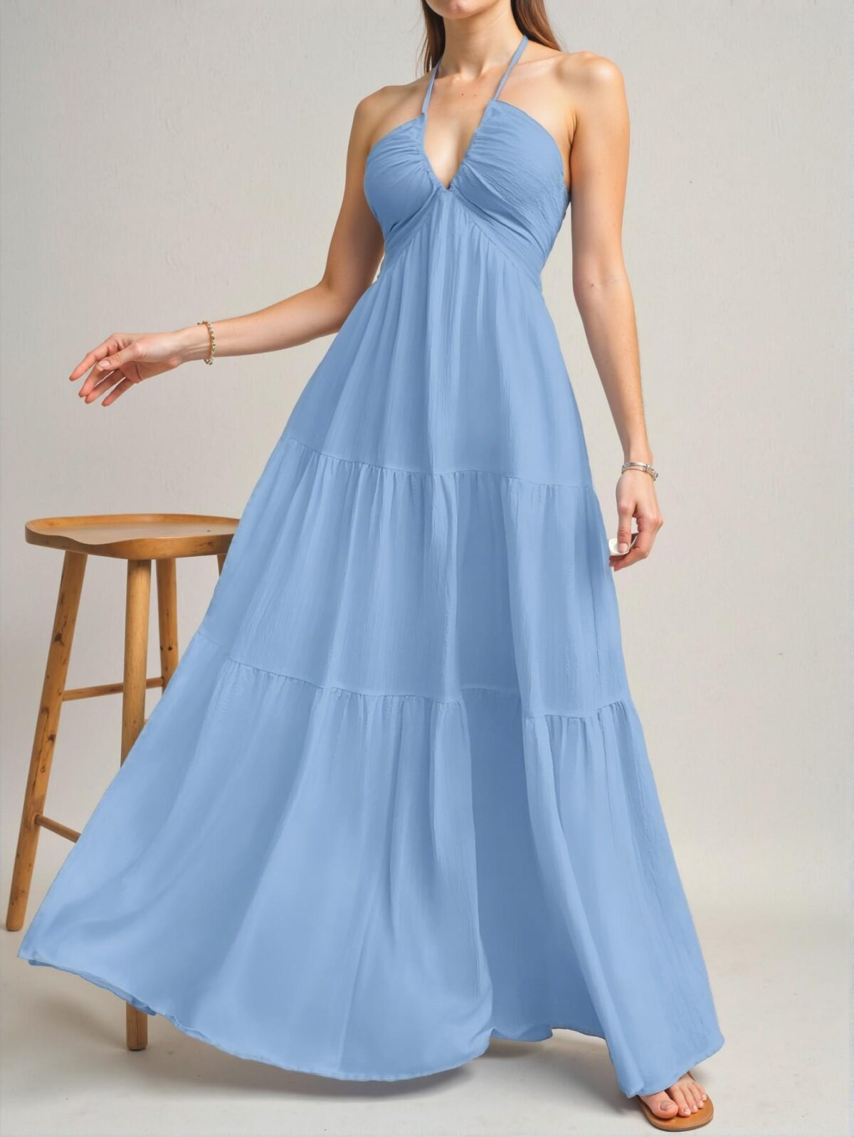 Elegant Baby Blue Halter Neck Backless Maxi Dress with Ruffle Hem for Weddings and Special Occasions - Chic, Classy and Trendy Fashion Style to Dress to Impress - Image 4