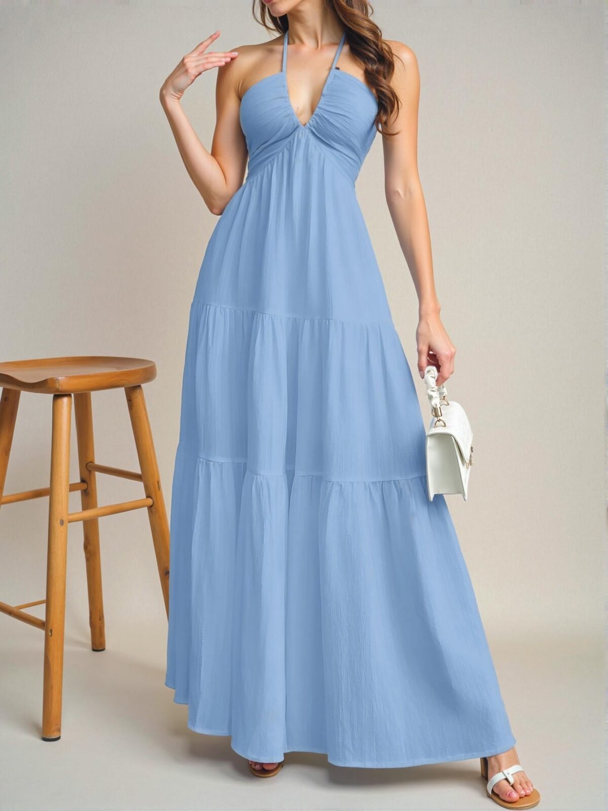 Elegant Baby Blue Halter Neck Backless Maxi Dress with Ruffle Hem for Weddings and Special Occasions - Chic, Classy and Trendy Fashion Style to Dress to Impress - Image 5