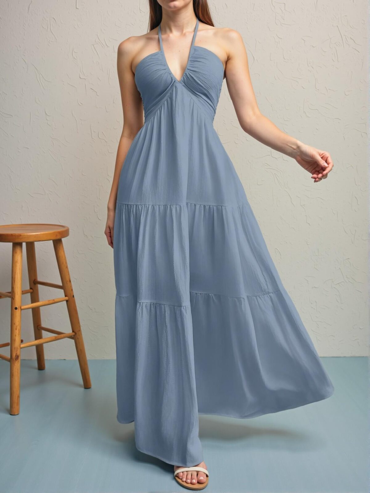 Elegant Dusty Blue Romantic Floral Printed Beach Vacation Halter V-Neck Pleated A-Line Dress for Summer Getaways, Chic, Classy and Trendy Fashion Style to Dress to Impress