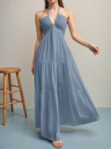 Elegant Dusty Blue Romantic Floral Printed Beach Vacation Halter V-Neck Pleated A-Line Dress for Summer Getaways, Chic, Classy and Trendy Fashion Style to Dress to Impress