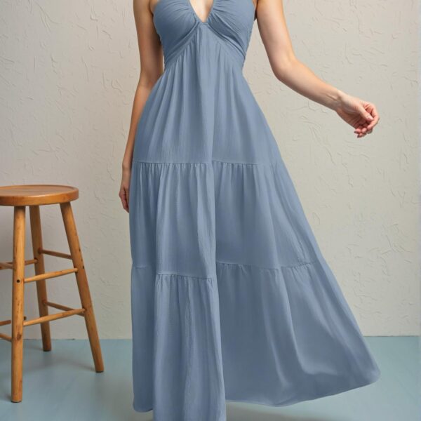 Elegant Dusty Blue Romantic Floral Printed Beach Vacation Halter V-Neck Pleated A-Line Dress for Summer Getaways, Chic, Classy and Trendy Fashion Style to Dress to Impress