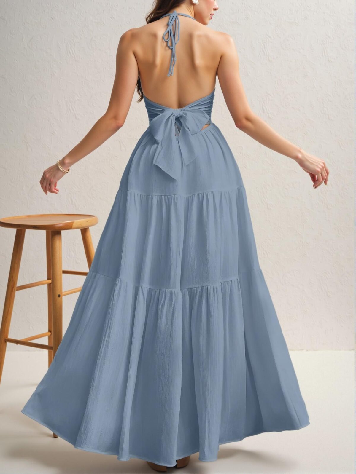 Elegant Dusty Blue Romantic Floral Printed Beach Vacation Halter V-Neck Pleated A-Line Dress for Summer Getaways, Chic, Classy and Trendy Fashion Style to Dress to Impress - Image 2