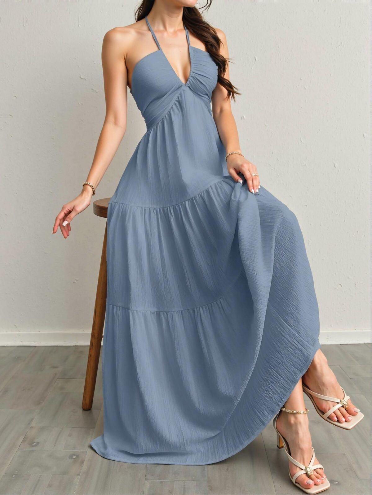 Elegant Dusty Blue Romantic Floral Printed Beach Vacation Halter V-Neck Pleated A-Line Dress for Summer Getaways, Chic, Classy and Trendy Fashion Style to Dress to Impress - Image 3
