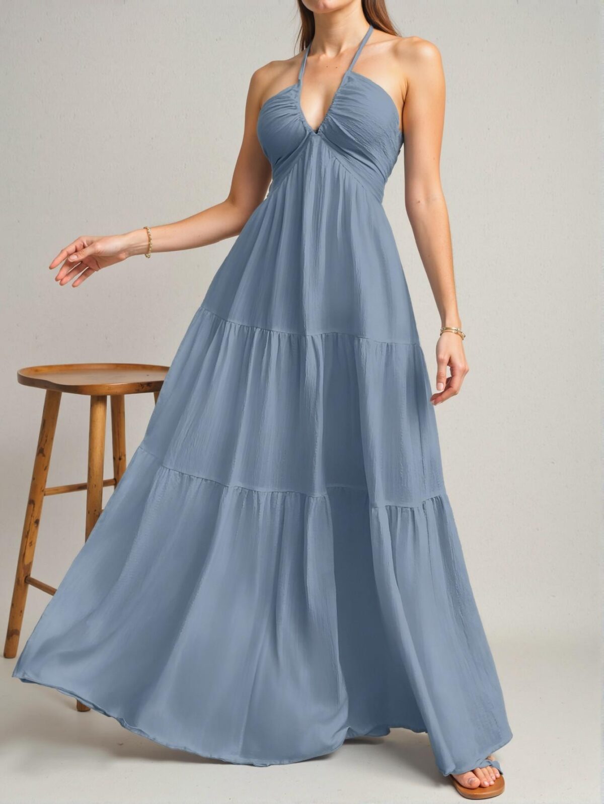 Elegant Dusty Blue Romantic Floral Printed Beach Vacation Halter V-Neck Pleated A-Line Dress for Summer Getaways, Chic, Classy and Trendy Fashion Style to Dress to Impress - Image 4