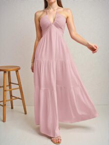 Elegant Baby Pink Flowy Chiffon Halter Backless Dress with Tie Detail for Weddings and Events - Chic, Classy, and Trendy Fashion Style to Dress to Impress