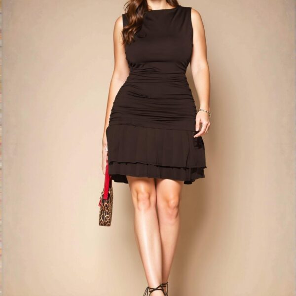 Elegant Coffee Brown Stylish Sleeveless Mini Layered Dress with Ruched Details, Perfect for Any Season and Special Occasions, Chic, Classy and Trendy Fashion Style to Dress to Impress