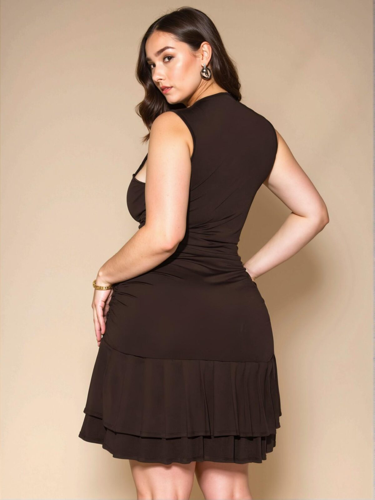 Elegant Coffee Brown Stylish Sleeveless Mini Layered Dress with Ruched Details, Perfect for Any Season and Special Occasions, Chic, Classy and Trendy Fashion Style to Dress to Impress - Image 2