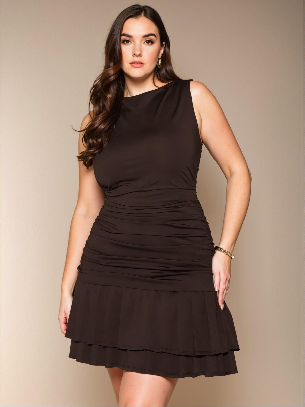 Elegant Coffee Brown Stylish Sleeveless Mini Layered Dress with Ruched Details, Perfect for Any Season and Special Occasions, Chic, Classy and Trendy Fashion Style to Dress to Impress - Image 3