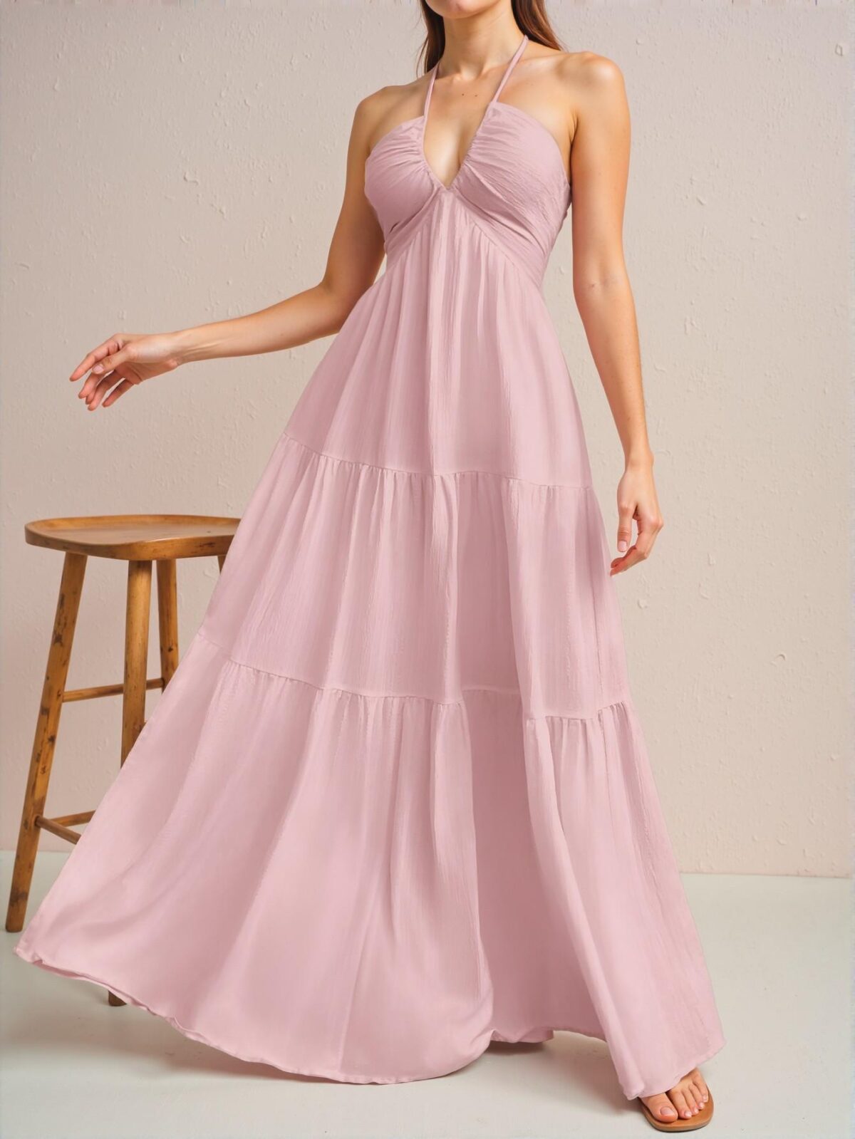 Elegant Baby Pink Flowy Chiffon Halter Backless Dress with Tie Detail for Weddings and Events - Chic, Classy, and Trendy Fashion Style to Dress to Impress - Image 4