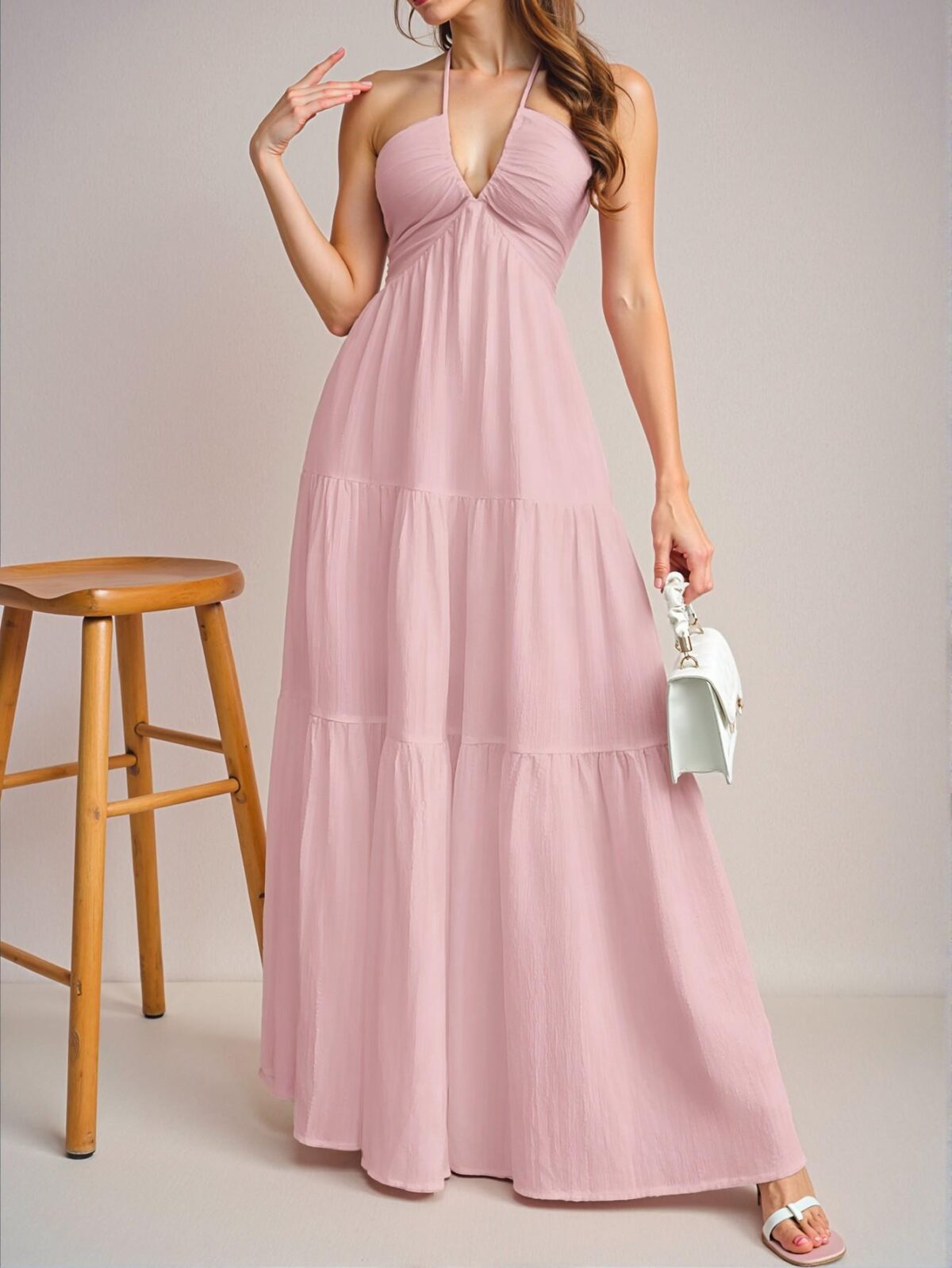 Elegant Baby Pink Flowy Chiffon Halter Backless Dress with Tie Detail for Weddings and Events - Chic, Classy, and Trendy Fashion Style to Dress to Impress - Image 5