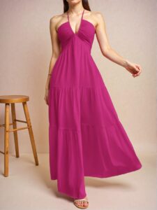 Elegant Red Violet Flowy Halter Backless Maxi Dress with Tie-Up Detail for Vacations, Weddings, and Events – Chic, Classy and Trendy Fashion Style to Dress to Impress