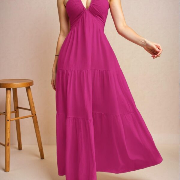 Elegant Red Violet Flowy Halter Backless Maxi Dress with Tie-Up Detail for Vacations, Weddings, and Events – Chic, Classy and Trendy Fashion Style to Dress to Impress
