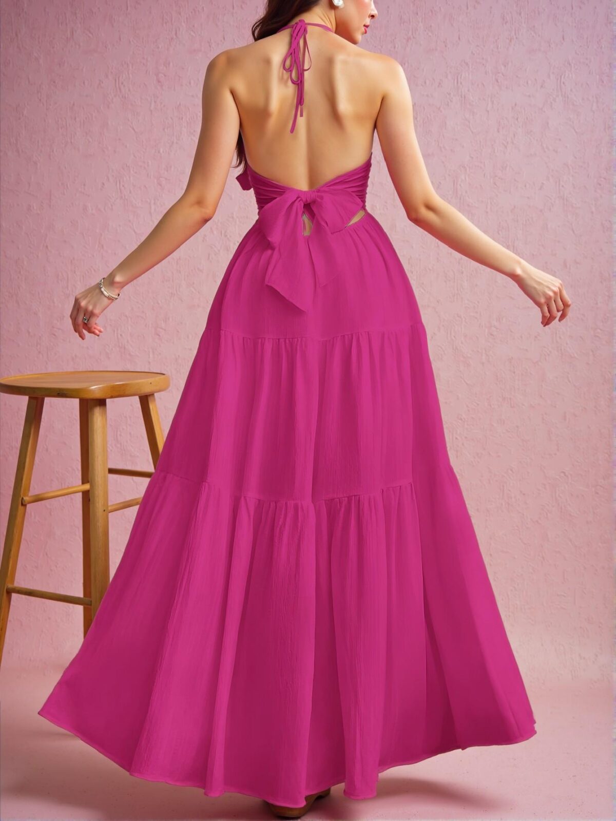 Elegant Red Violet Flowy Halter Backless Maxi Dress with Tie-Up Detail for Vacations, Weddings, and Events – Chic, Classy and Trendy Fashion Style to Dress to Impress - Image 2