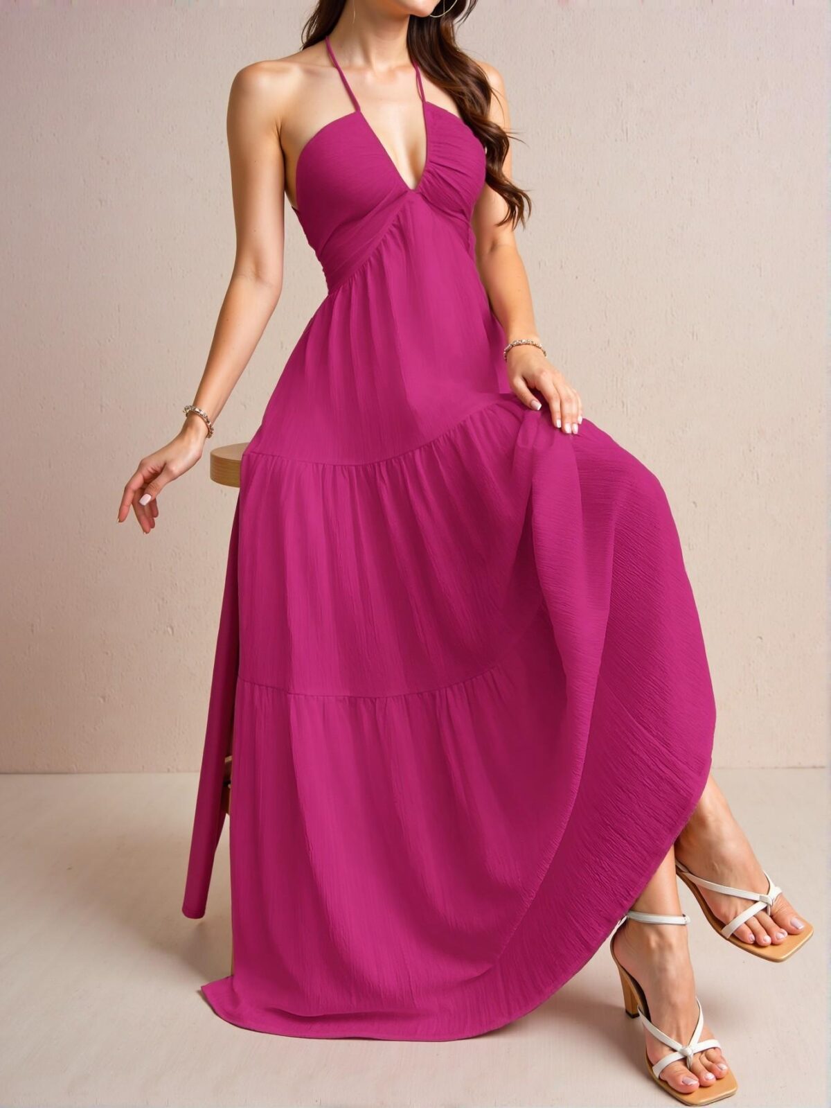 Elegant Red Violet Flowy Halter Backless Maxi Dress with Tie-Up Detail for Vacations, Weddings, and Events – Chic, Classy and Trendy Fashion Style to Dress to Impress - Image 3