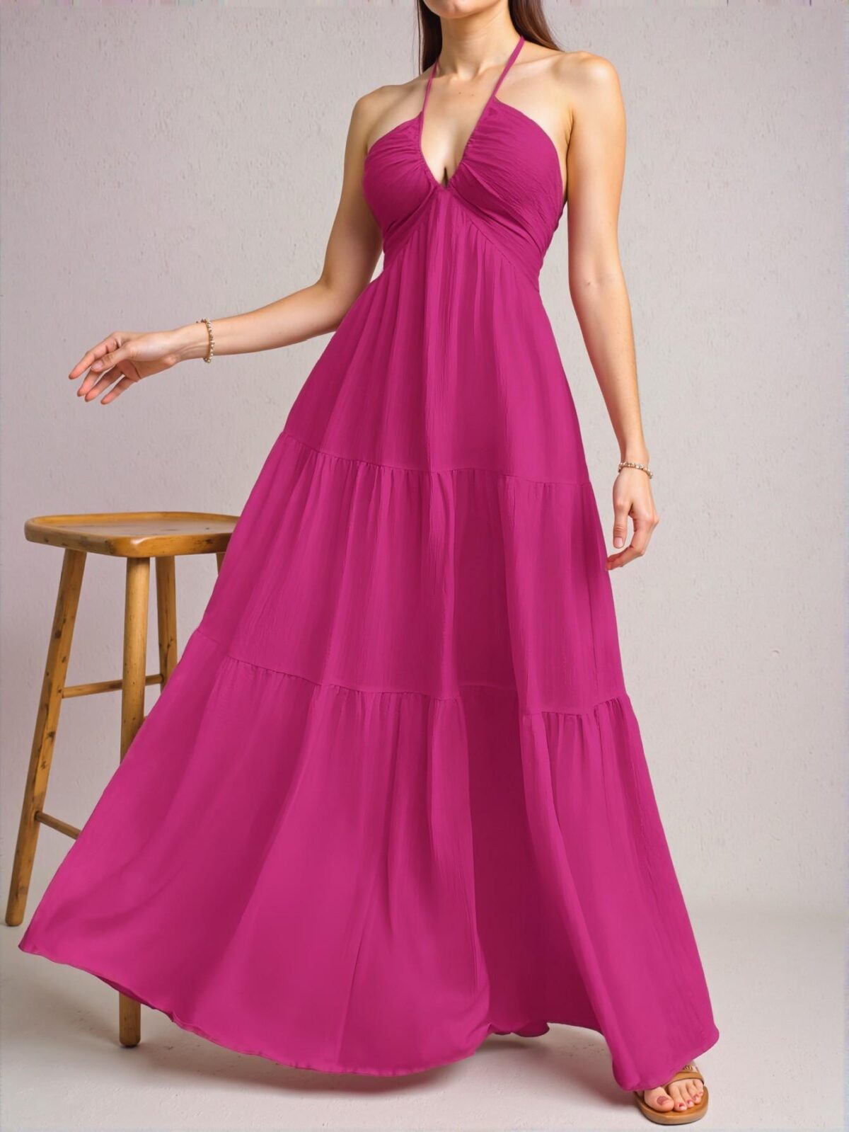 Elegant Red Violet Flowy Halter Backless Maxi Dress with Tie-Up Detail for Vacations, Weddings, and Events – Chic, Classy and Trendy Fashion Style to Dress to Impress - Image 4