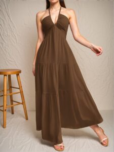 Elegant Chocolate Brown Chic Crinkle Halter Backless Dress with Tie Closure for Summer Weddings and Events - A Stylish, Classy, and Trendy Choice to Elevate Your Wardrobe