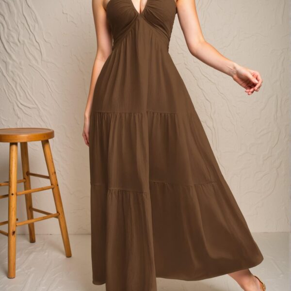 Elegant Chocolate Brown Chic Crinkle Halter Backless Dress with Tie Closure for Summer Weddings and Events - A Stylish, Classy, and Trendy Choice to Elevate Your Wardrobe