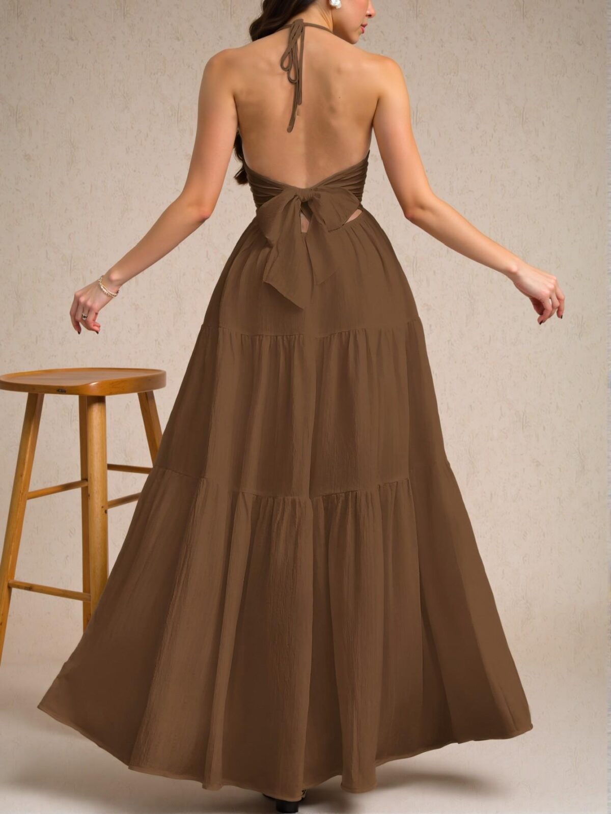 Elegant Chocolate Brown Chic Crinkle Halter Backless Dress with Tie Closure for Summer Weddings and Events - A Stylish, Classy, and Trendy Choice to Elevate Your Wardrobe - Image 2