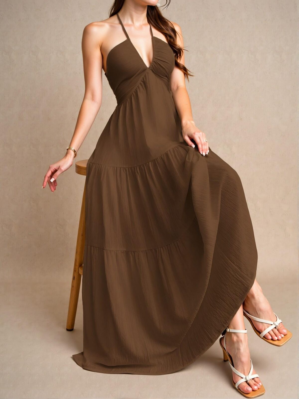 Elegant Chocolate Brown Chic Crinkle Halter Backless Dress with Tie Closure for Summer Weddings and Events - A Stylish, Classy, and Trendy Choice to Elevate Your Wardrobe - Image 3