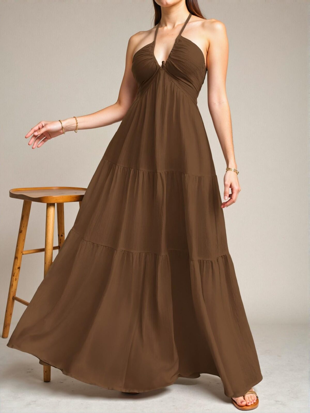 Elegant Chocolate Brown Chic Crinkle Halter Backless Dress with Tie Closure for Summer Weddings and Events - A Stylish, Classy, and Trendy Choice to Elevate Your Wardrobe - Image 4