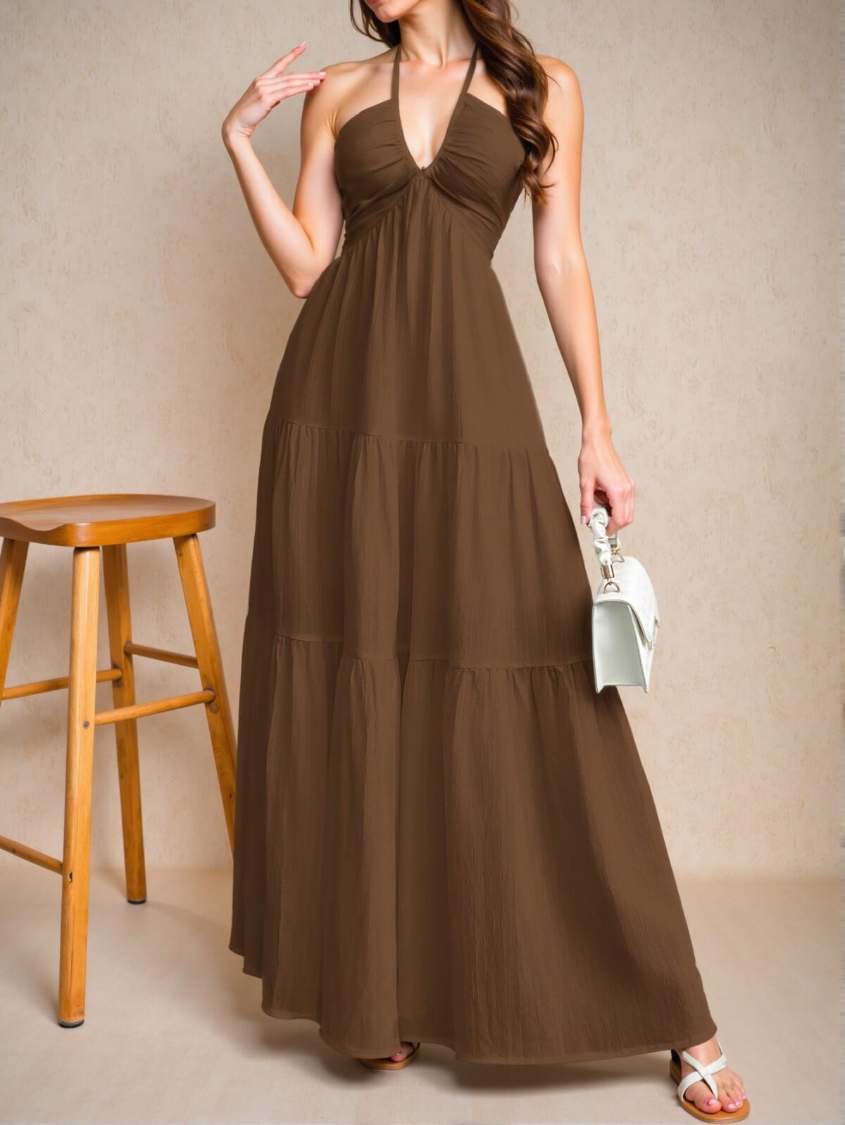 Elegant Chocolate Brown Chic Crinkle Halter Backless Dress with Tie Closure for Summer Weddings and Events - A Stylish, Classy, and Trendy Choice to Elevate Your Wardrobe - Image 5