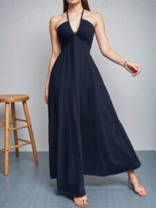 Elegant Navy Blue Flouncy Backless Halter Neck Dress Perfect for Weddings and Spring/Summer Events - Chic, Classy and Trendy Fashion Style to Dress to Impress