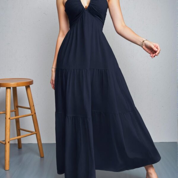 Elegant Navy Blue Flouncy Backless Halter Neck Dress Perfect for Weddings and Spring/Summer Events - Chic, Classy and Trendy Fashion Style to Dress to Impress