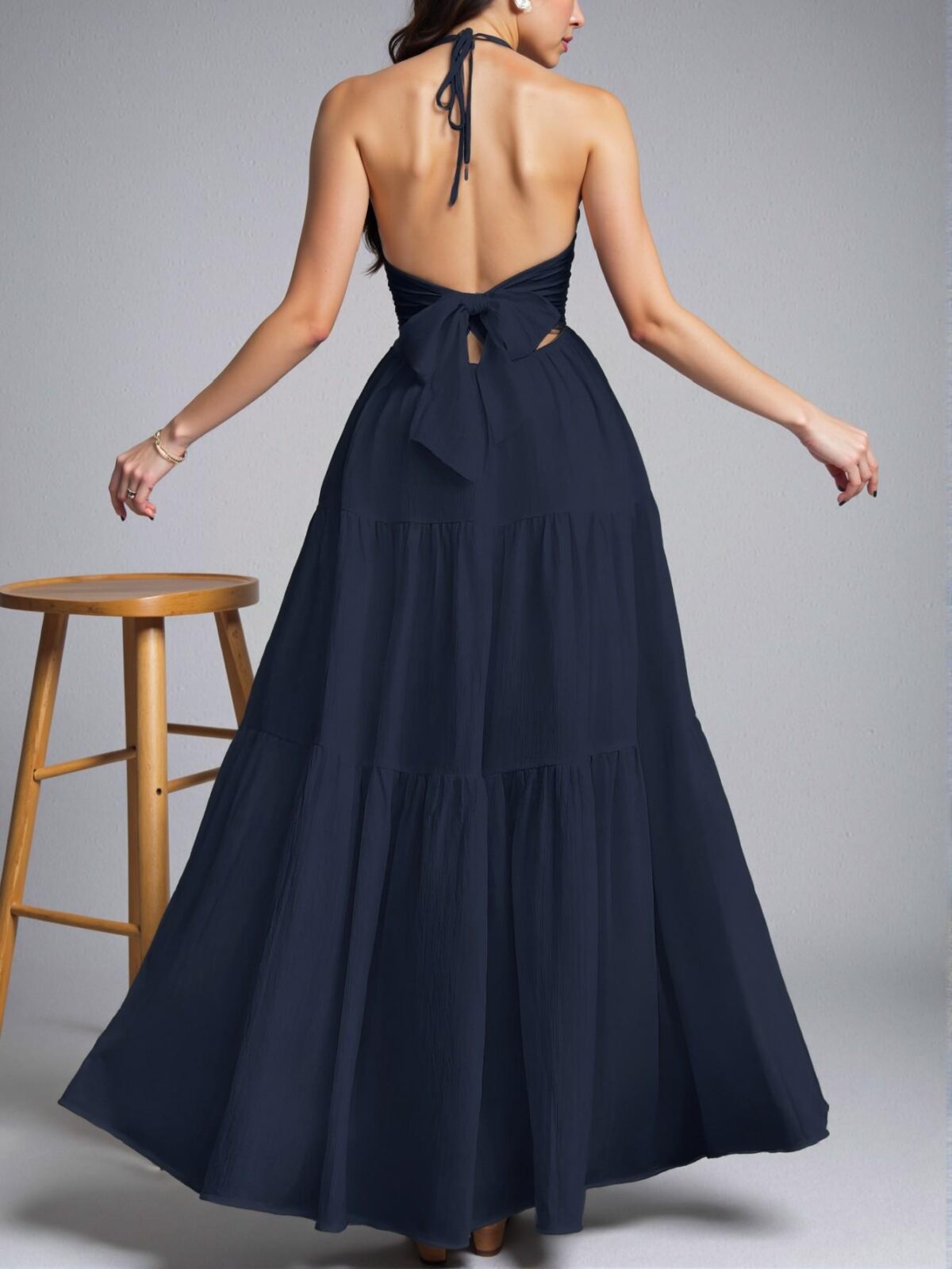 Elegant Navy Blue Flouncy Backless Halter Neck Dress Perfect for Weddings and Spring/Summer Events - Chic, Classy and Trendy Fashion Style to Dress to Impress - Image 2