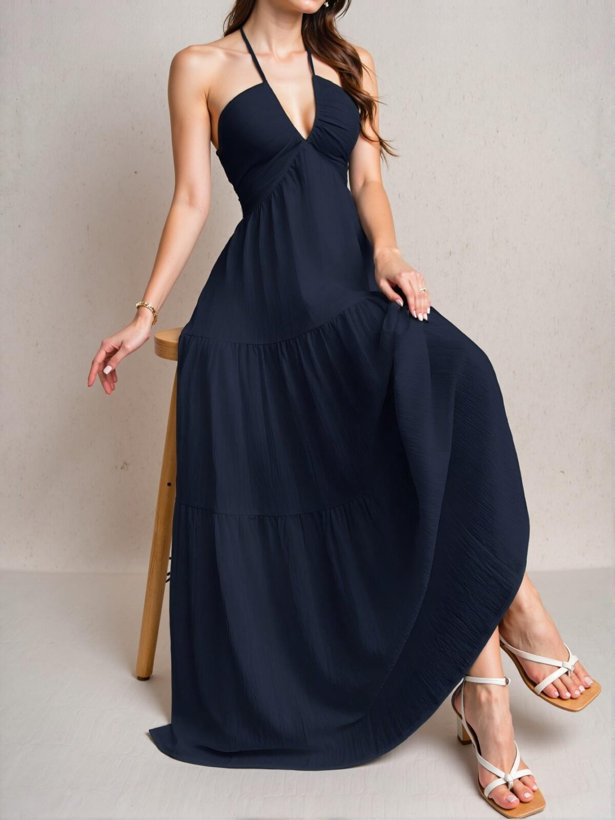 Elegant Navy Blue Flouncy Backless Halter Neck Dress Perfect for Weddings and Spring/Summer Events - Chic, Classy and Trendy Fashion Style to Dress to Impress - Image 3