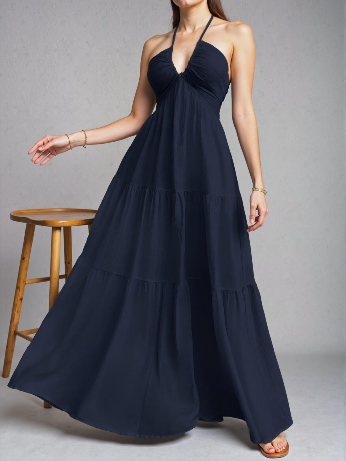 Elegant Navy Blue Flouncy Backless Halter Neck Dress Perfect for Weddings and Spring/Summer Events - Chic, Classy and Trendy Fashion Style to Dress to Impress - Image 4