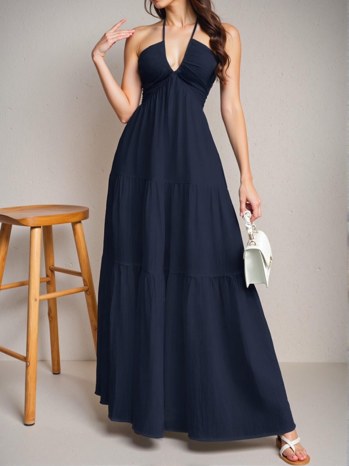 Elegant Navy Blue Flouncy Backless Halter Neck Dress Perfect for Weddings and Spring/Summer Events - Chic, Classy and Trendy Fashion Style to Dress to Impress - Image 5