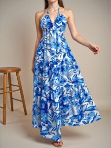 Elegant Blue and White Floral Print Spaghetti Strap V-Neck Pleated A-Line Dress with Tie-Back Bow for Stylish Summer Vacations - Chic, Classy and Trendy Fashion Style to Dress to Impress