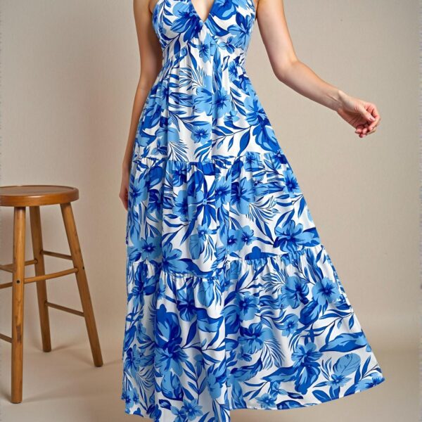 Elegant Blue and White Floral Print Spaghetti Strap V-Neck Pleated A-Line Dress with Tie-Back Bow for Stylish Summer Vacations - Chic, Classy and Trendy Fashion Style to Dress to Impress