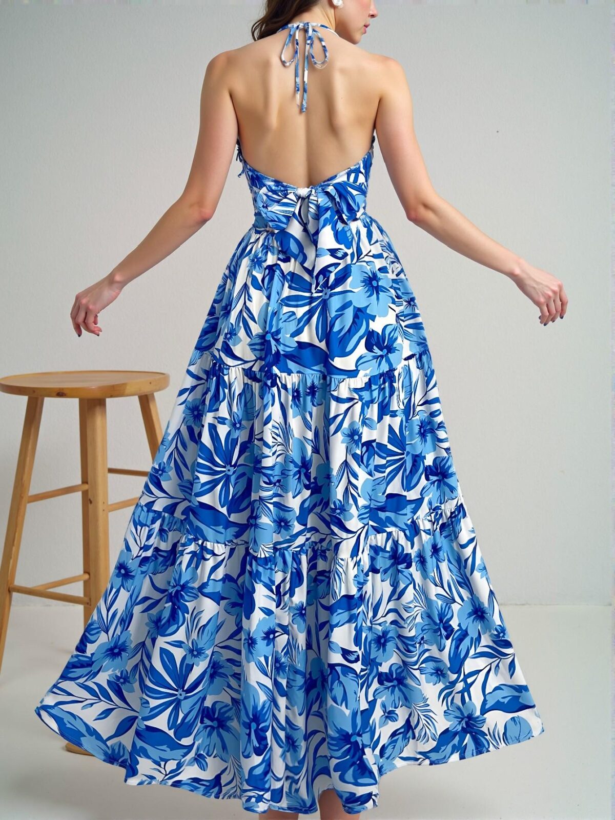 Elegant Blue and White Floral Print Spaghetti Strap V-Neck Pleated A-Line Dress with Tie-Back Bow for Stylish Summer Vacations - Chic, Classy and Trendy Fashion Style to Dress to Impress - Image 2