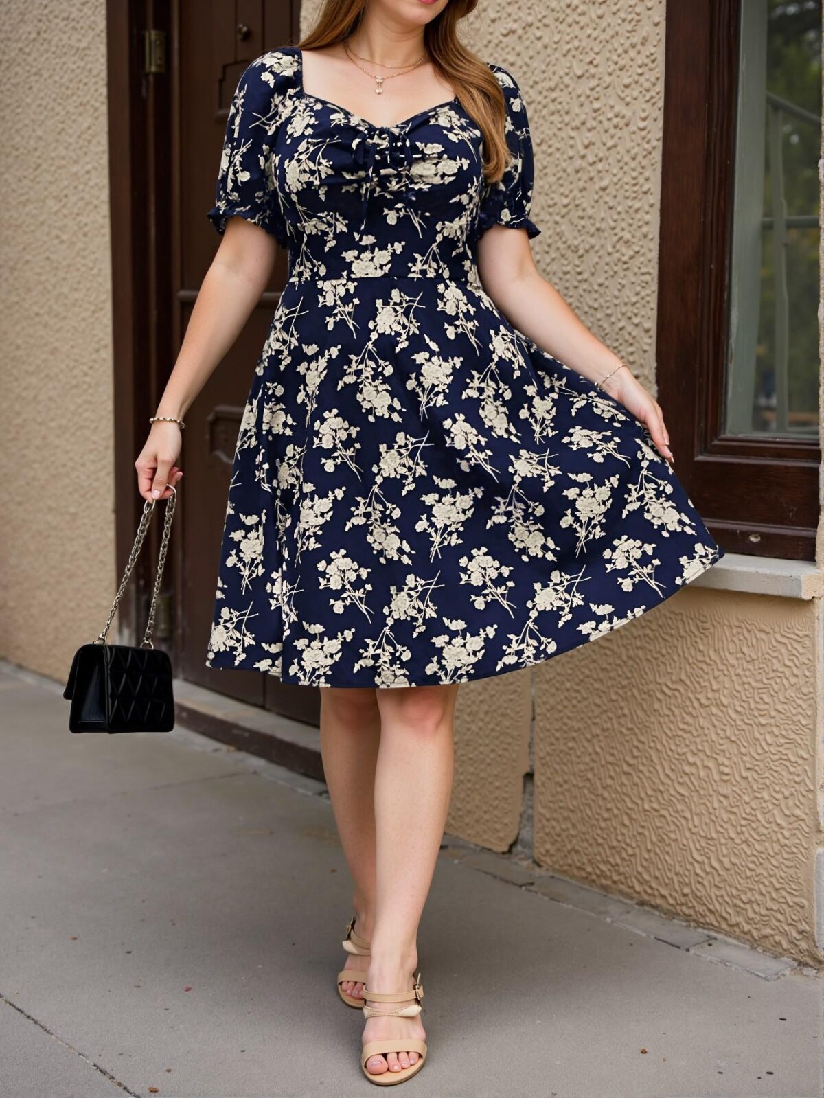 Elegant Blue Flared A-Line Dress with Sweetheart Neckline and Puff Sleeves - Chic, Classy and Trendy Fashion Style to Dress to Impress - Image 3